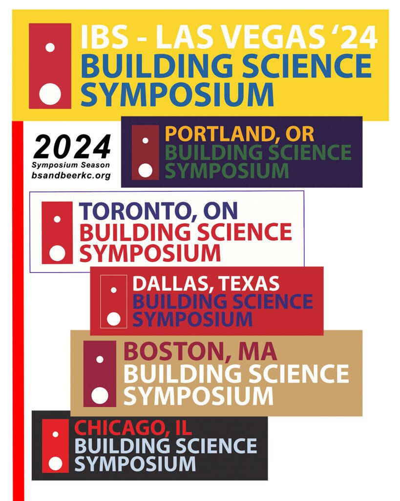 BS* and BEER kc non-profit logos show Building Science Symposium event announcements for six 2024 national events.