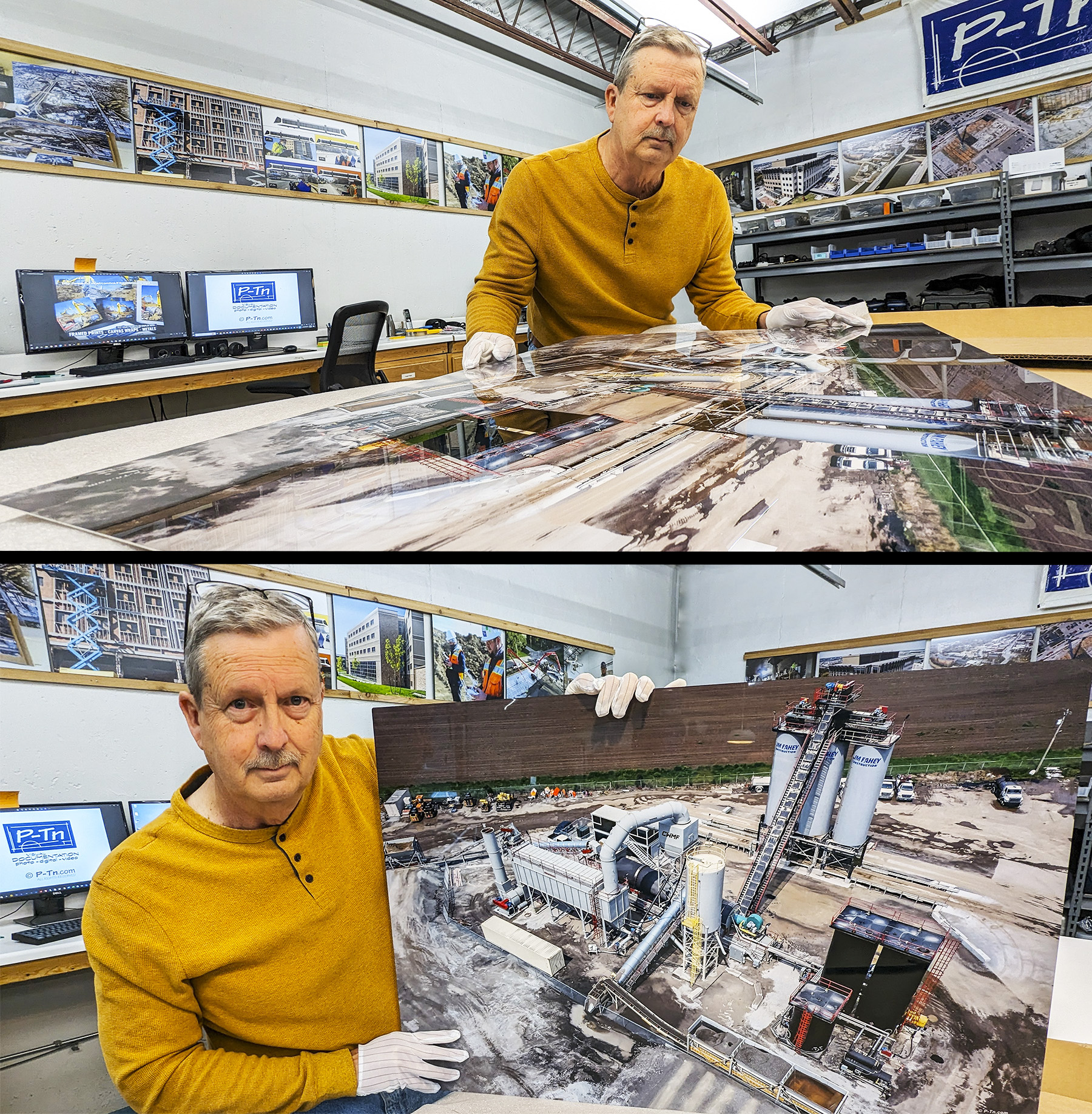 P-Tn professional photographer examines an aerial photo produced on aluminum for construction business wall display.